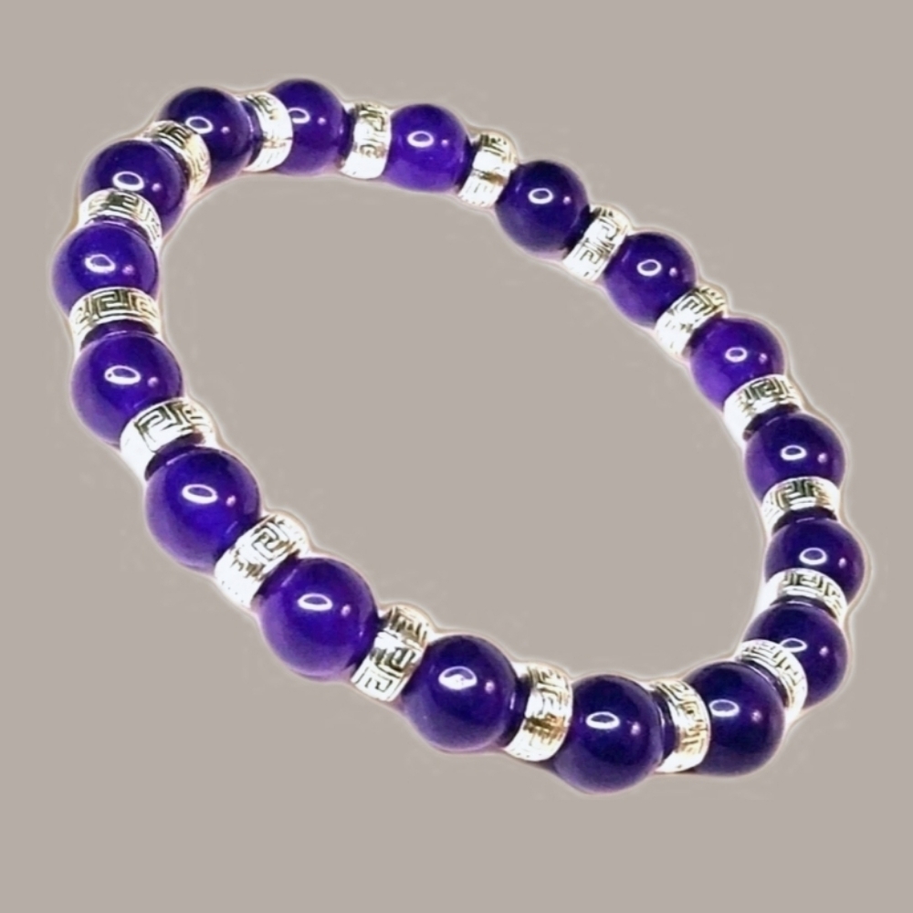 Handmade Amethyst/Silver Beaded Stretch Bracelet Boho Ethnic Tribal Native 7.5